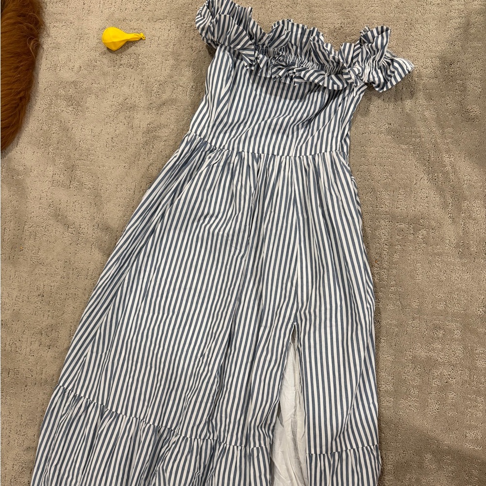 Blue and White Striped Off-Shoulder Maxi Dress